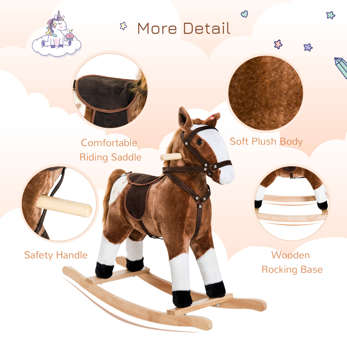 Qaba Rocking Horse Plush Pony Children Kid Ride on Toy w/ Realistic Sound (Light Pink)