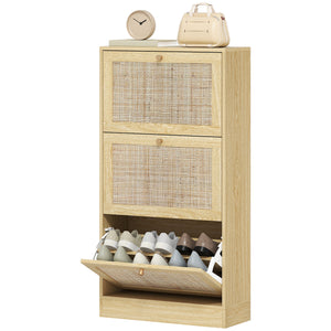 Rattan Shoe Storage Cabinet with 3 Flip Drawers and Adjustable Shelves, Entryway Shoe Cabinet for 18 Pairs