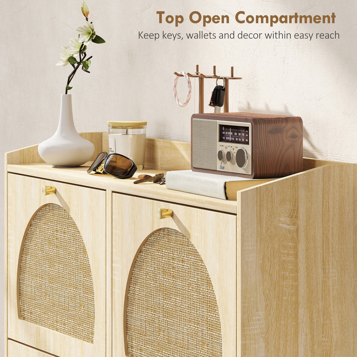 4 Flip-Drawer Shoe Cabinet, Shoe Storage Cabinet with Rattan Doors and Adjustable Shelves, Holds 16 Pairs, Natural