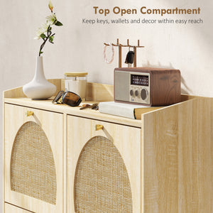 4 Flip-Drawer Shoe Cabinet, Shoe Storage Cabinet with Rattan Doors and Adjustable Shelves, Holds 16 Pairs, Natural
