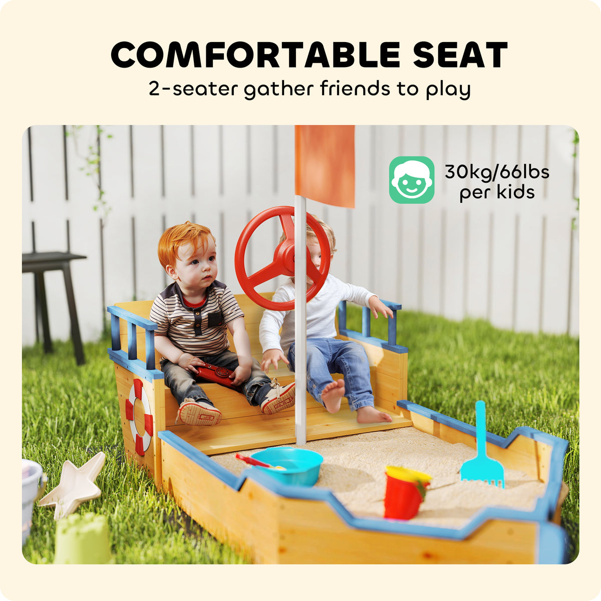 Kids Wooden Sandbox Pirate Ship Sandboat Outdoor Backyard Playset Children Sandpit w/ Bench Seat Storage Space & Flag for 3-6 Years Old