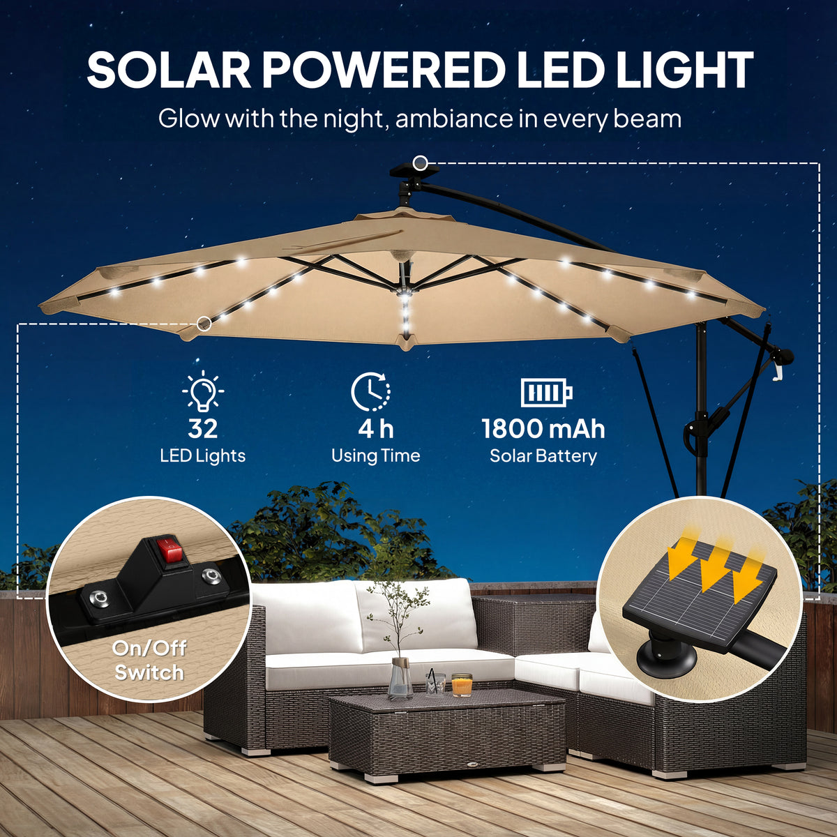 9.7ft Solar LED Cantilever Patio Umbrella with 32 LED Lights, Cross Base, Crank Handle, for Poolside, Deck – view 10