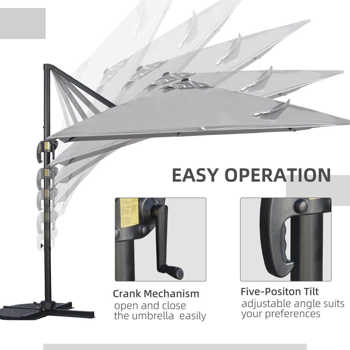 9ft Cantilever Patio Umbrella, Square Overhanging Umbrella with Cross Base, Crank Handle, Tilt – view 10