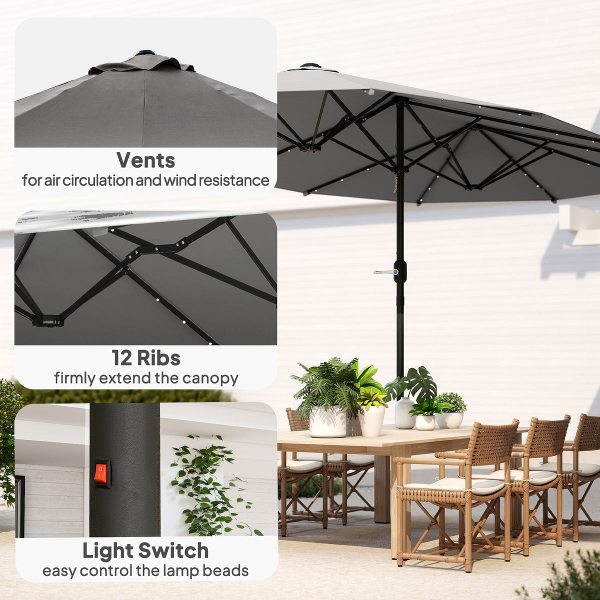 174" Double-Sided Sun Umbrella Garden Parasol Patio Sun Shade Outdoor with LED Solar Light, Khaki – view 11