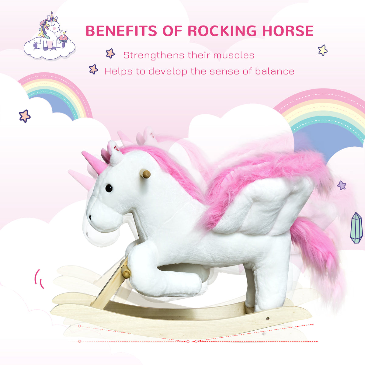 Qaba Baby Rocking Horse, Plush Animal Rocker for Toddlers Aged 18-36 Months, Stuffed Ride Toy with Sounds, Seat Belt, White and Pink
