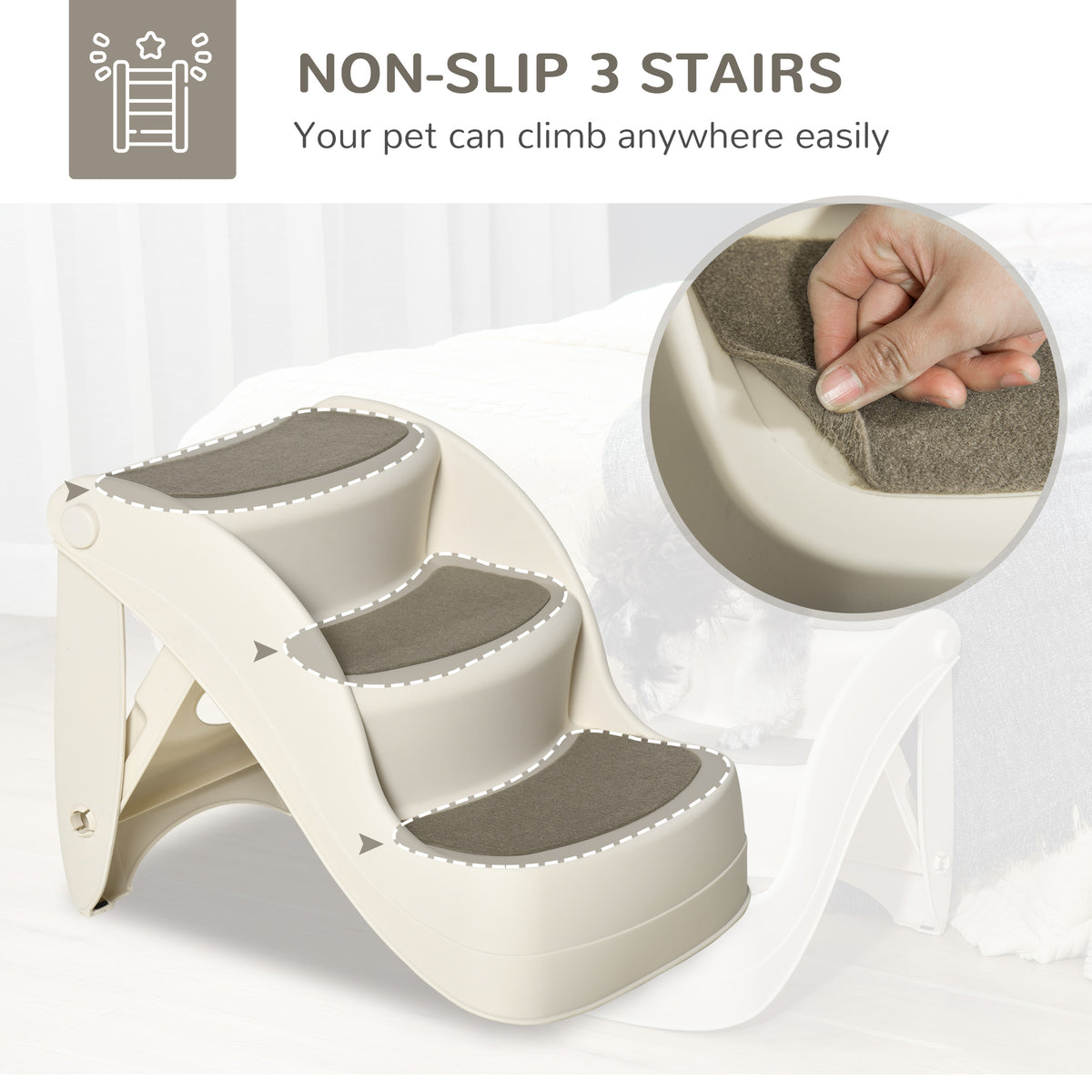Portable Pet Stairs Foldable Steps for Small Dogs and Cats 3-Step with Non-slip Treads for Beds Sofas, Cream – view 5