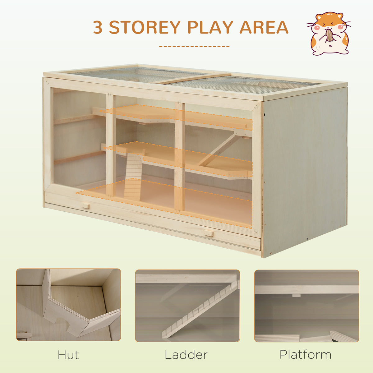 Wooden Hamster Cage Rat Cage with Slide, Tray, Natural Wood