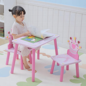 Qaba 3-Piece Set Kids Wooden Table Chair with Crown Pattern Easy to Clean Gift for Girls Toddlers Age 2-4 Years Old Pink