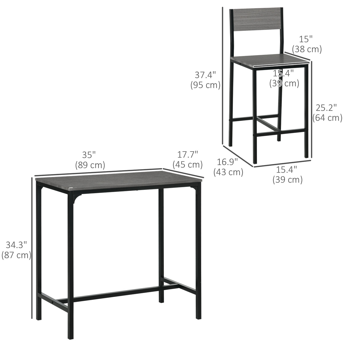 Industrial Bar Table Set Counter Height 3 Piece and 2 High Back Stools Set Dining Table Set Natural Wood