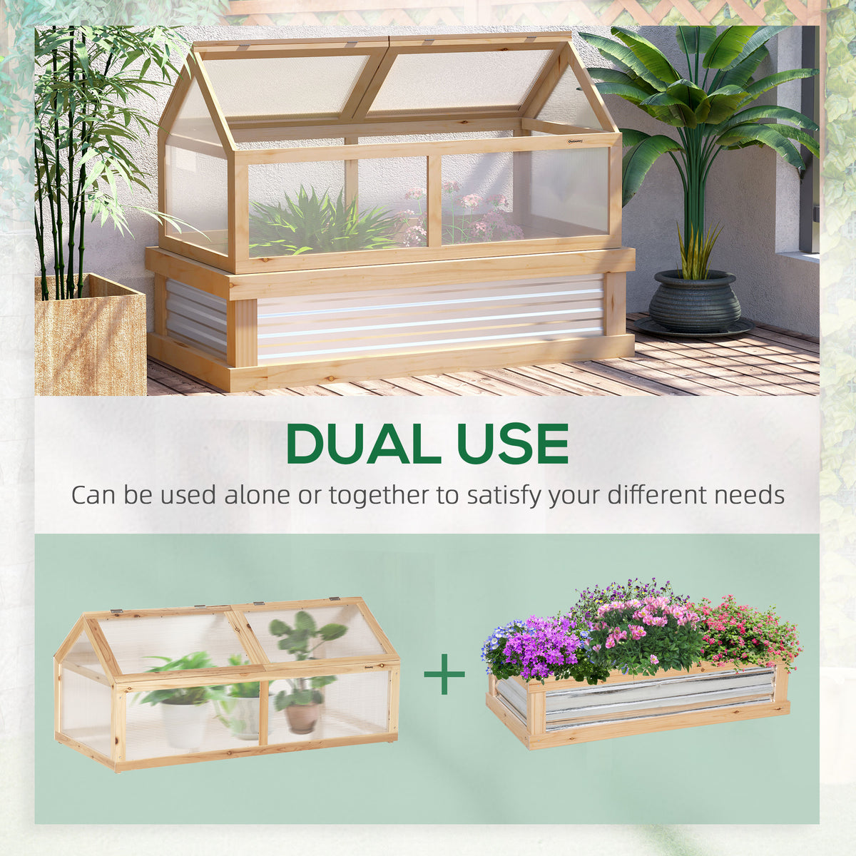 Raised Garden Flower Bed Kit with Greenhouse, Wooden Cold Frame Planter with Open Roofs, 48" x 24" x 32" – view 3