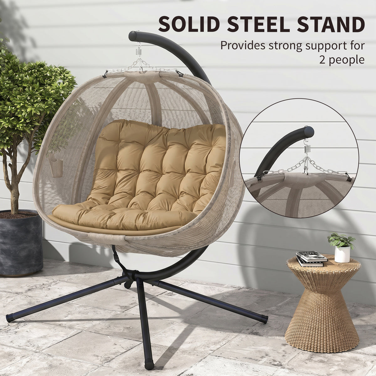 Double Egg Chair with Stand, 2 Person Hanging Swing Egg Chair with Cushion, Pockets, Khaki