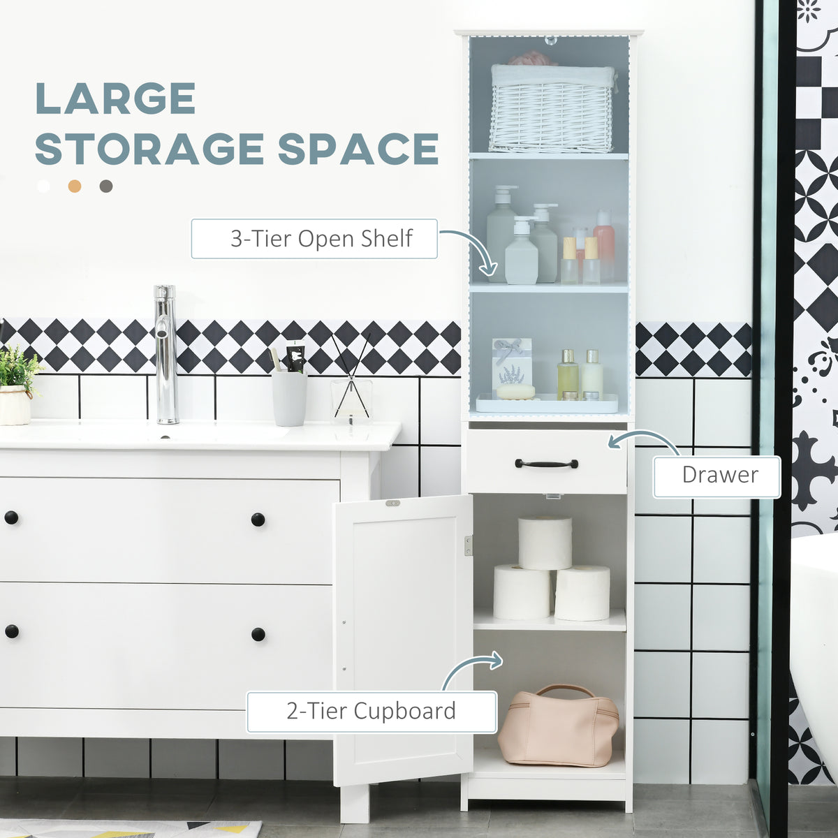 Modern Bathroom Cabinet, Narrow Bathroom Vanities with 3 Open Shelves, Drawer and Adjustable Shelf, White