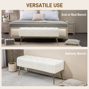 44" Lamb's Wool-Feel Upholstered Bedroom Bench, End of Bed Bench with Thick Padded Cushion and Steel Legs, Cream White