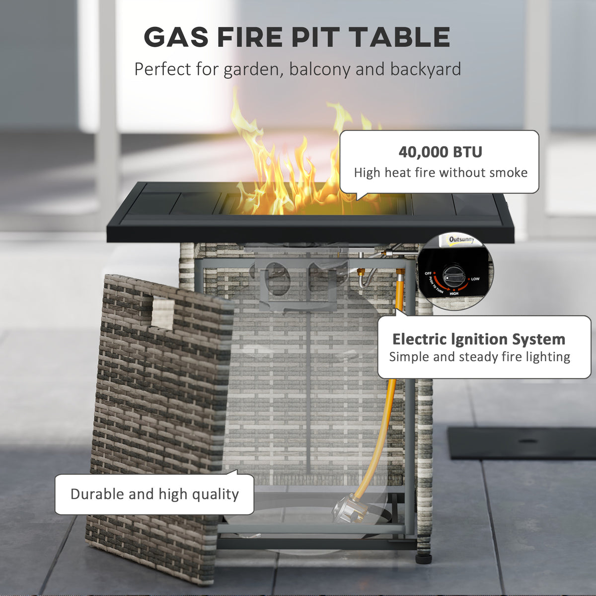 28 Inch Propane Fire Pit Table, 40,000 BTU Rattan Gas Fire Pit Table with Rain Cover, Mesh Lid, Lava Stone, Mixed Grey