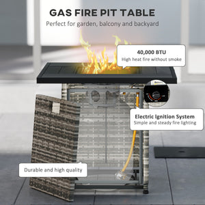 28 Inch Propane Fire Pit Table, 40,000 BTU Rattan Gas Fire Pit Table with Rain Cover, Mesh Lid, Lava Stone, Mixed Grey
