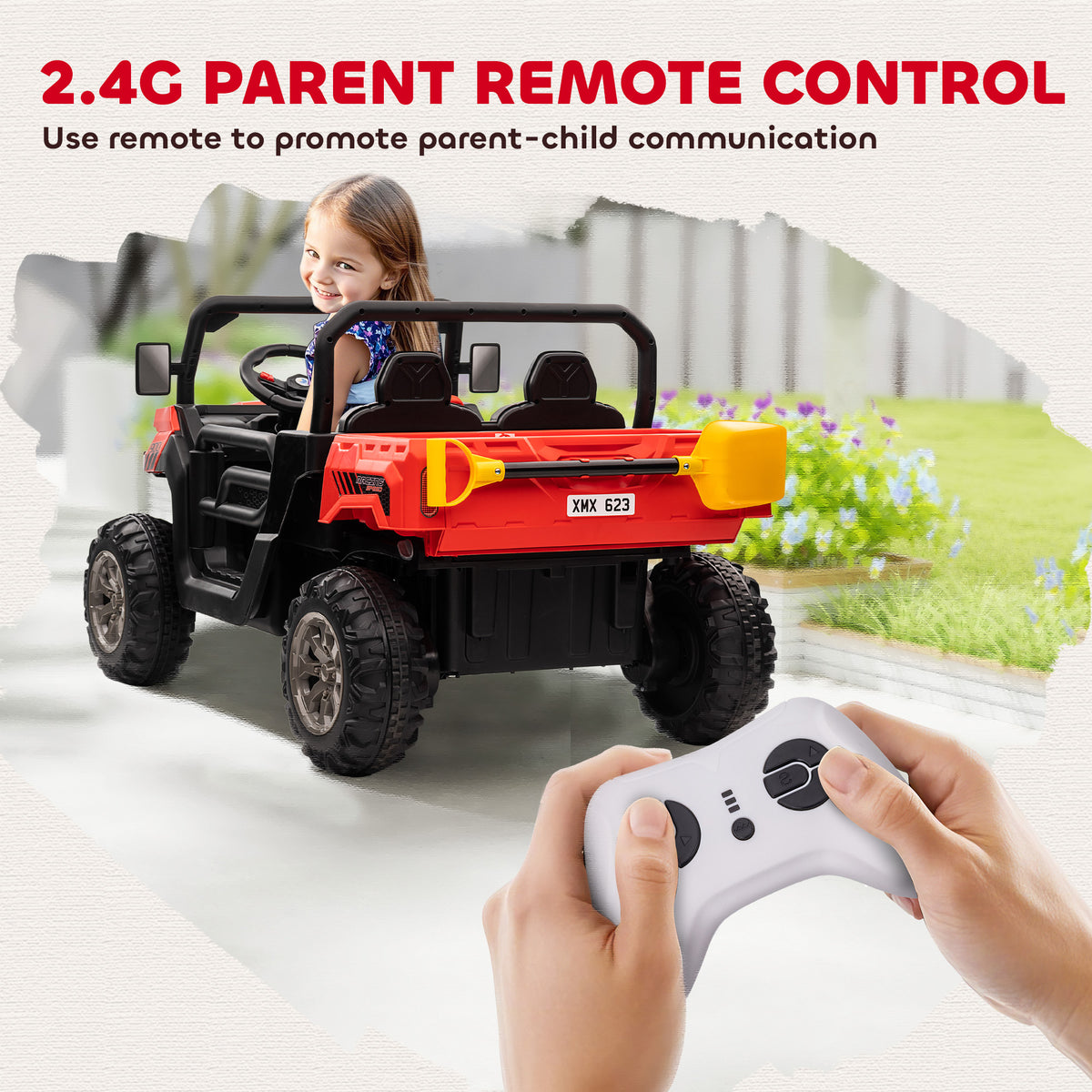 Aosom 12V Ride on Car with Electric Bucket, Two-Seater, Shovel, Remote Control, Spring Suspension, Horn, Music