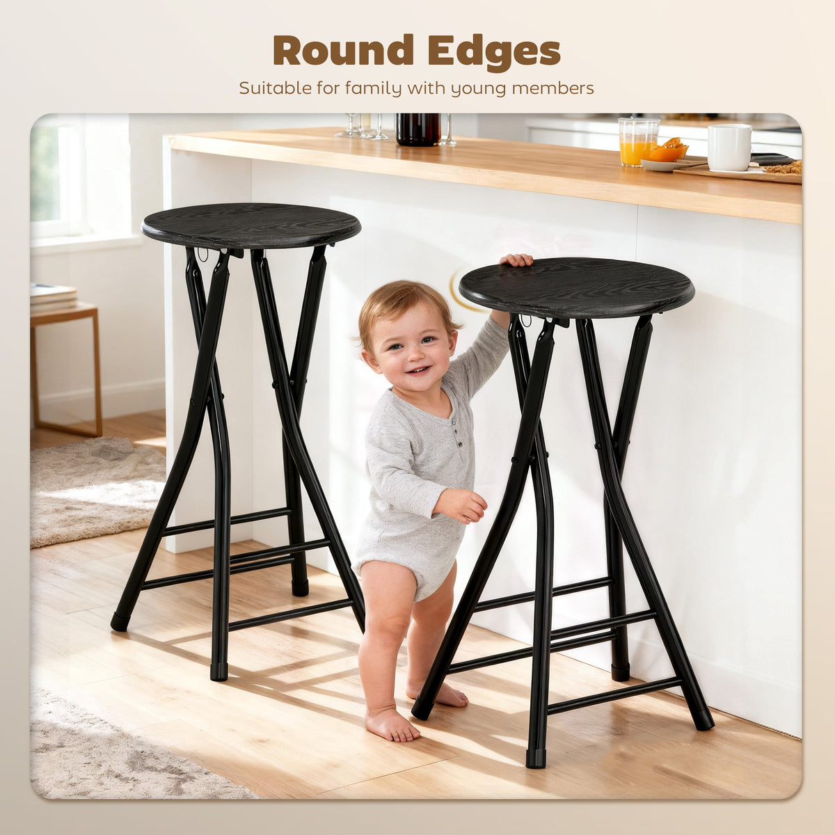 Set of 4 Foldable Barstools, Counter Height Bar Stools with Footrest and Steel Legs for Kitchen Island, Black