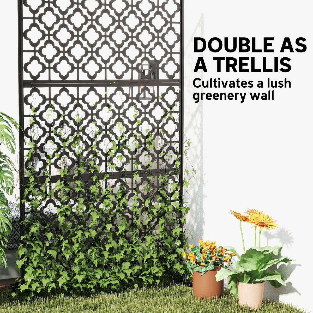 Metal Outdoor Privacy Screen, Freestanding Outdoor Divider with Stand, 78" x 48", Black