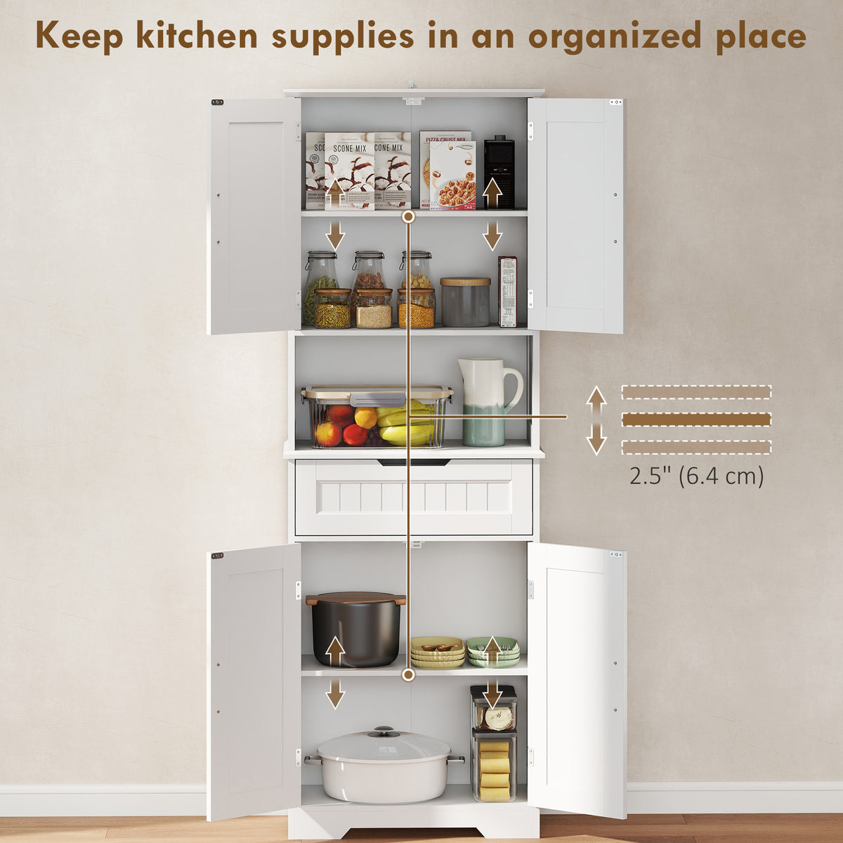 Kitchen Buffet with Hutch, 68" Tall Kitchen Pantry Cabinet with Small Open Counter, 4 Doors, Drawer, White