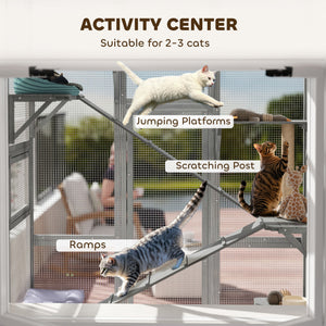 Large Outdoor Catio with 6 Jumping Platforms, Scratching Post, 2 Ramps, Waterproof Roof, Grey – view 4