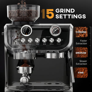 15 Bar Coffee Maker Espresso Machine with Grinder Milk Frother Stainless Steel Espresso Maker for Cappuccino Latte Black
