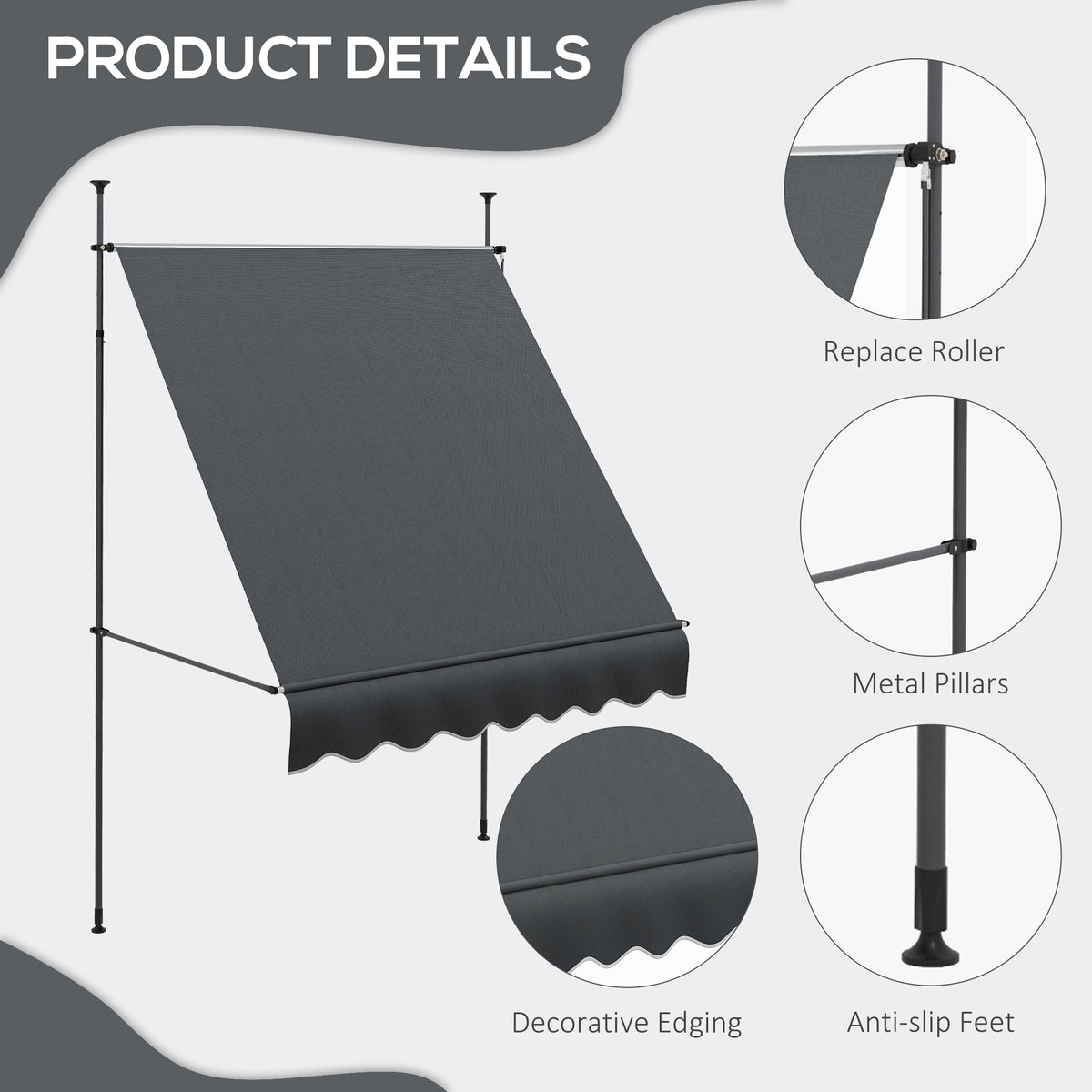 6.5' x 4' Manual Retractable Awning, Non-Screw Freestanding Patio Awning, UV Resistant, for Window or Door, Dark Grey