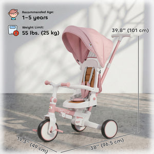 Qaba 7 in 1 Toddler Tricycle with Safety Harness, Adjustable & Removable Parent Handle, Canopy, Storage Bag, Brake, Pink