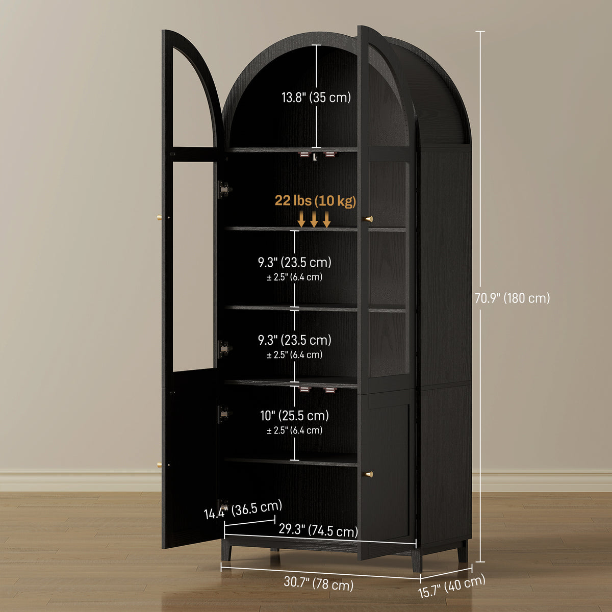 Arched Kitchen Pantry Cabinet, 71" Tall Farmhouse Kitchen Storage Cabinet with Acrylic Glass Doors, Oak – view 9