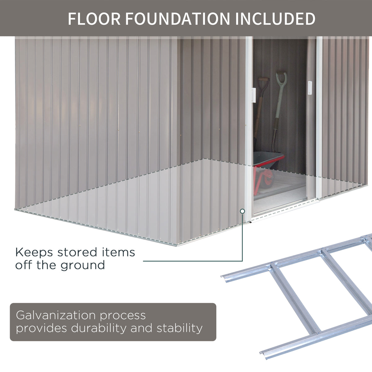 9'x6.3'Garden Storage Outdoor Shed w/ Floor Foundation Outdoor Yard Metal Tool Storage House Grey White