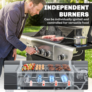 4 Burner Propane Gas Grill with Side Burner, 53,000 BTU BBQ Grill with Cast Iron Grates, Wheels, Warming Rack, Cabinet