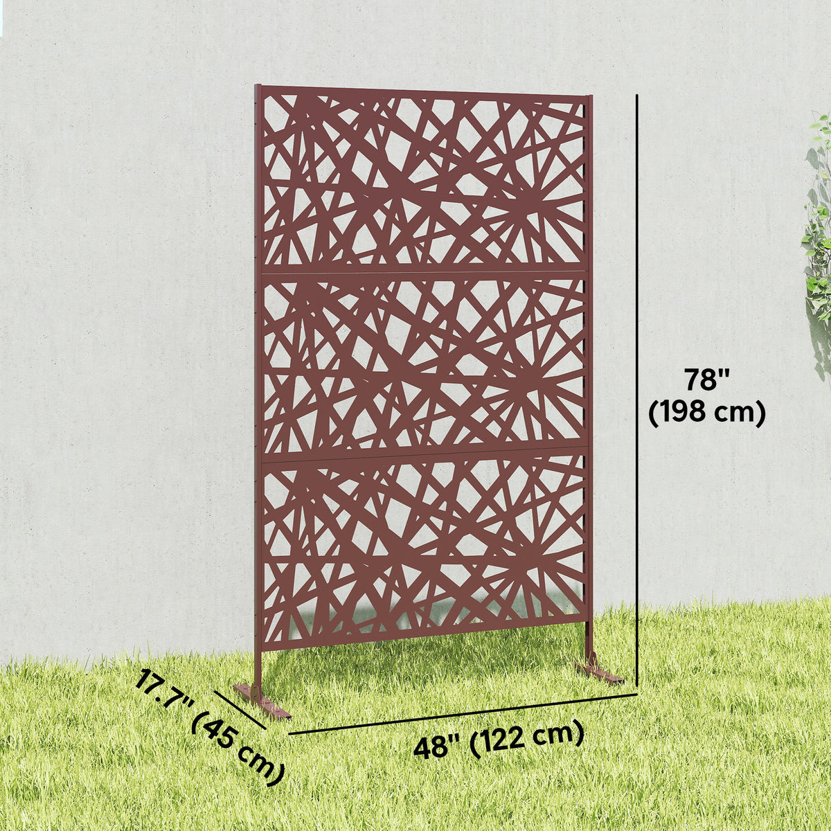 Metal Outdoor Privacy Screen, Freestanding Outdoor Divider with Stand, 78" x 48", Dark Brown