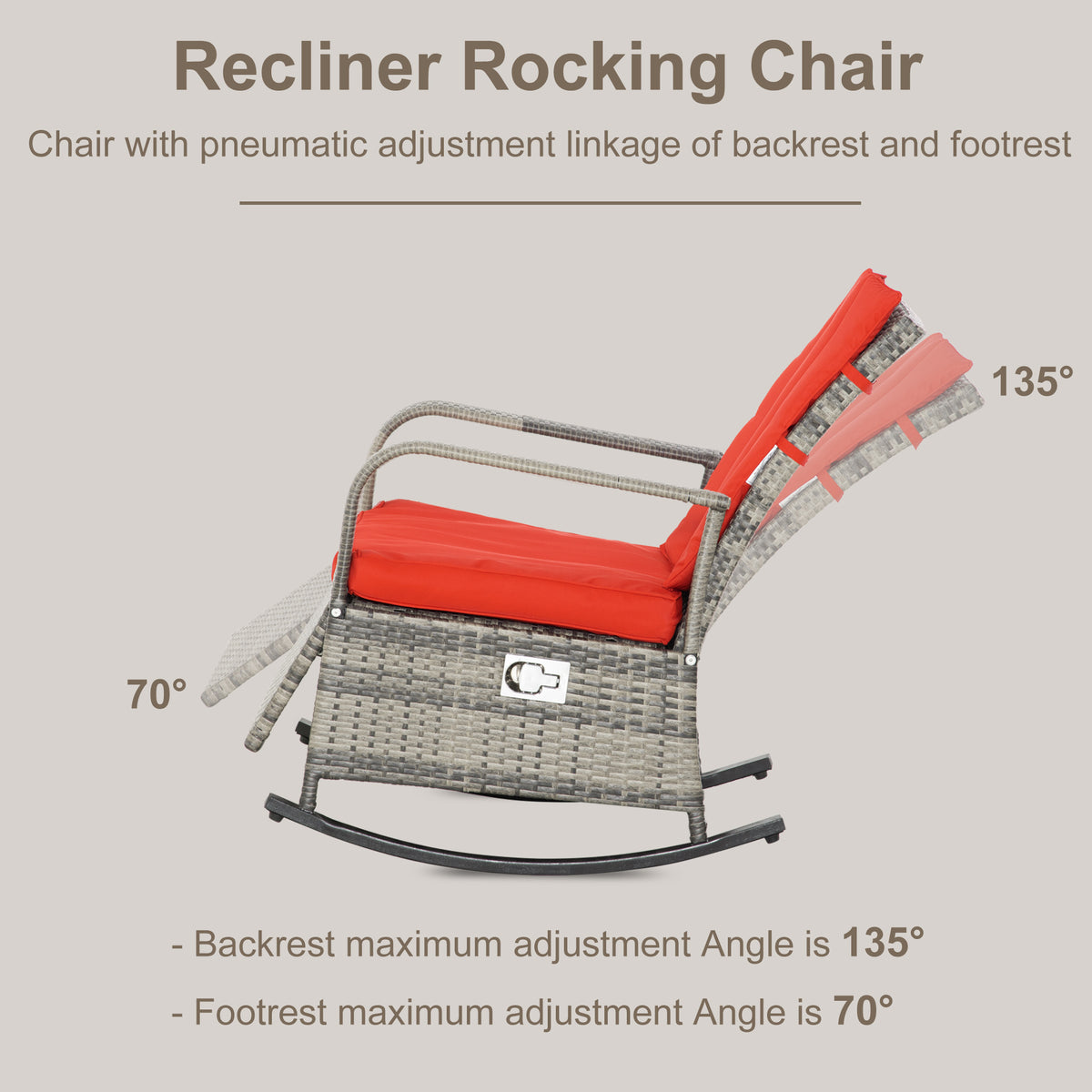 Outdoor Wicker Rocking Chair with Cushion, Patio PE Rattan Recliner Chair with Adjustable Footrest – view 18