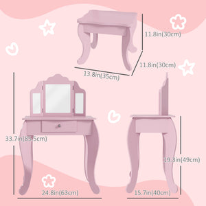 Qaba Kids Vanity Table and Stool, Makeup Vanity Girls Dressing Table Set with Tri-folding Mirrors Drawer Star and Heart Pattern, Pink