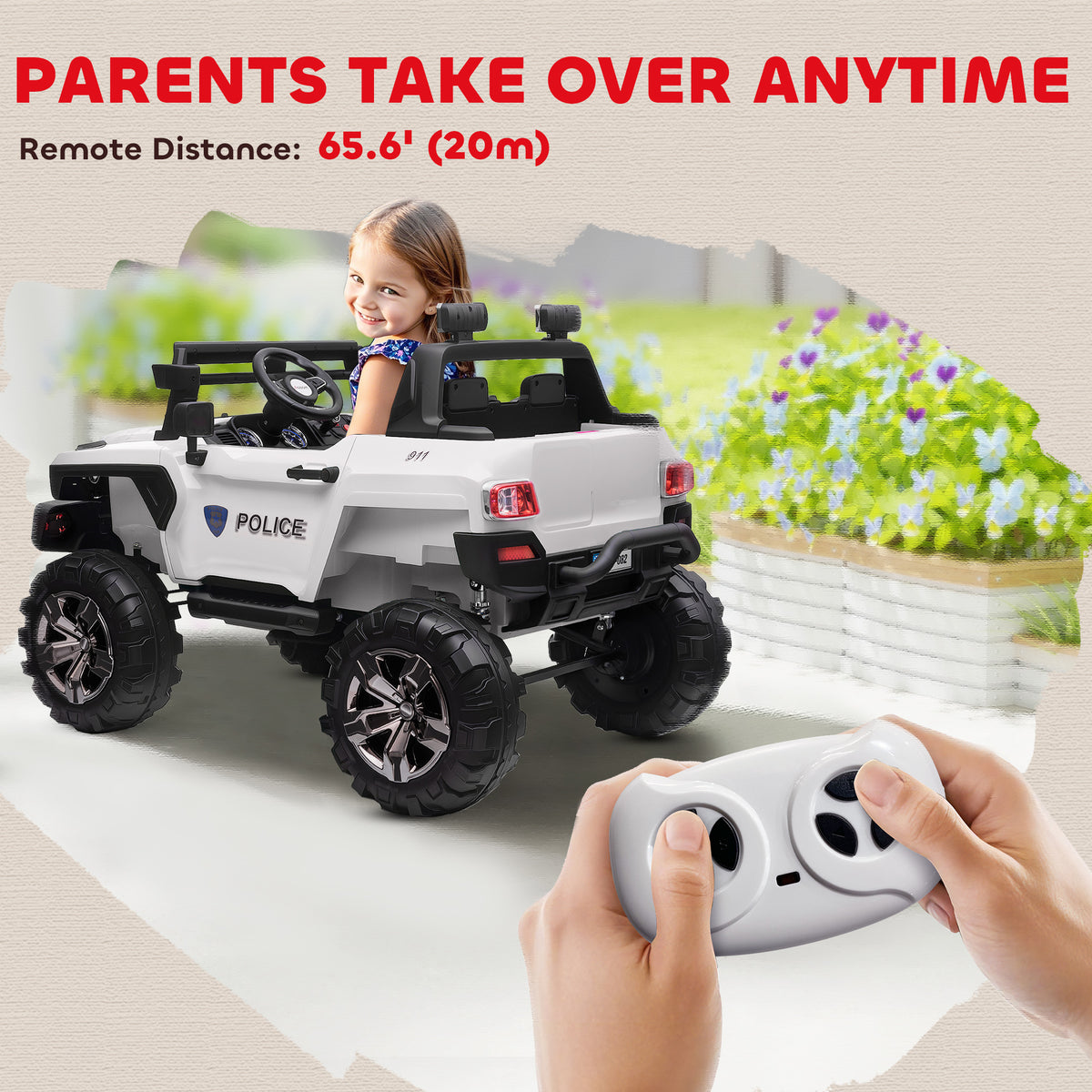 Kids 2 Seater Ride-On Car Police Truck Electric with LED Lights & MP3 for Kids White