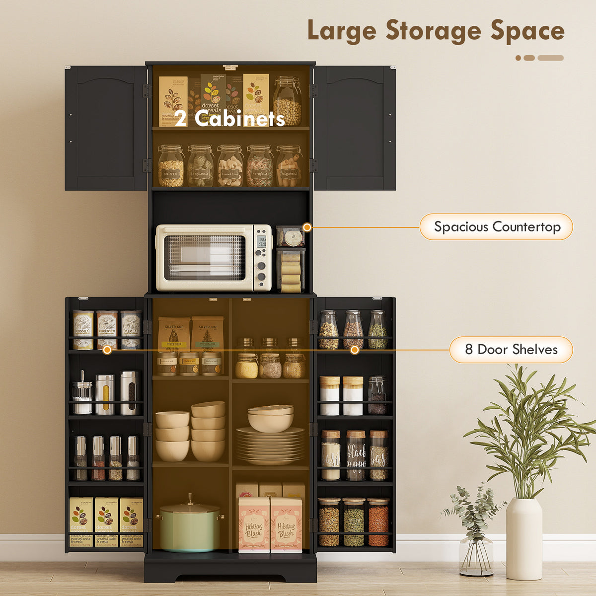 71.5" Tall Pantry Cabinet, Farmhouse Kitchen Storage Cabinet with Adjustable Shelves, 8 Door Spice Racks – view 3
