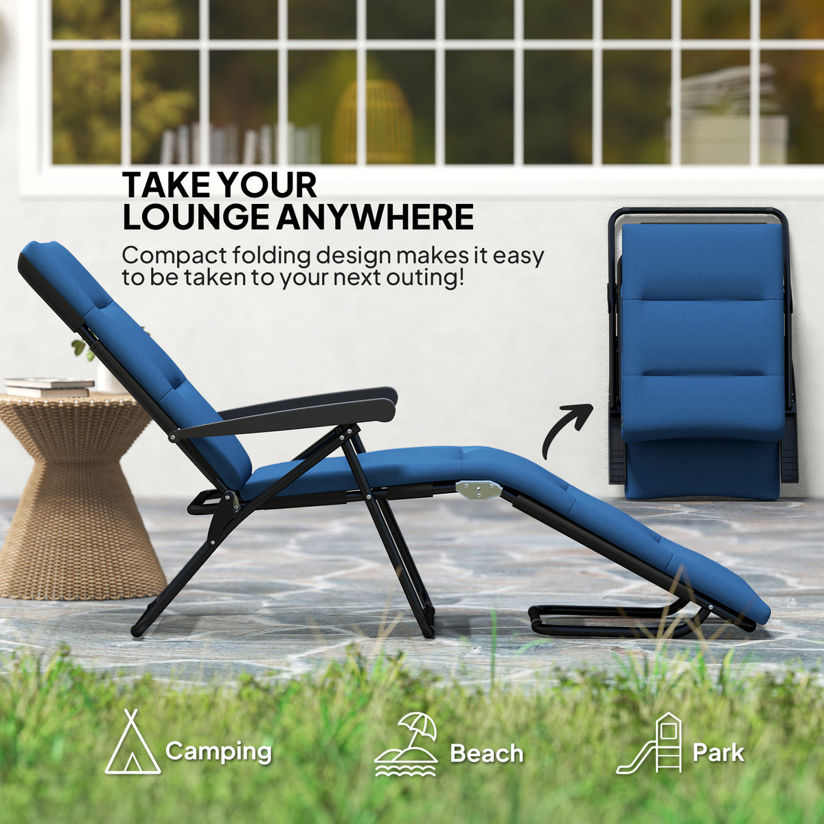 Foldable Lounge Chair, Reclining Patio Sun Lounger with 6-Position Adjustable Back, Blue and White
