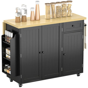 Kitchen Island Cart, Rolling Kitchen Island Table with Drop Leaf, Drawer, Spice and Towel Rack, Black