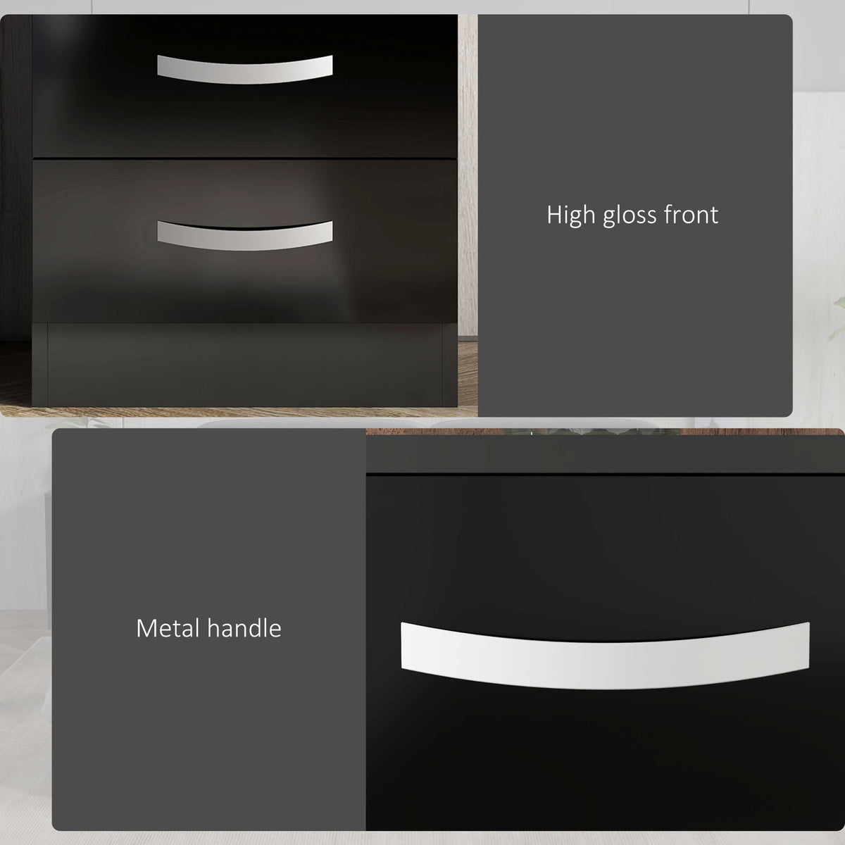 Bedside Table Set of 2, Modern Nightstand with Drawers and High Gloss Fronts, Night Table for Bedroom, Black – view 5
