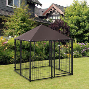 Outdoor Dog Kennel, Welded Wire Steel Fence, Lockable Pet Playpen Crate, with Water-, UV-Resistant Canopy Top, Door, 4.6ft x 4.6ft x 5ft, Black