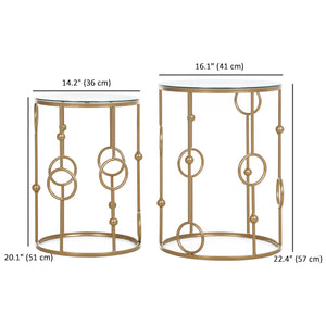 Round Coffee Tables Set of 2, Gold Nesting Side End Tables with Tempered Glass Top, Steel Frame for Living Room