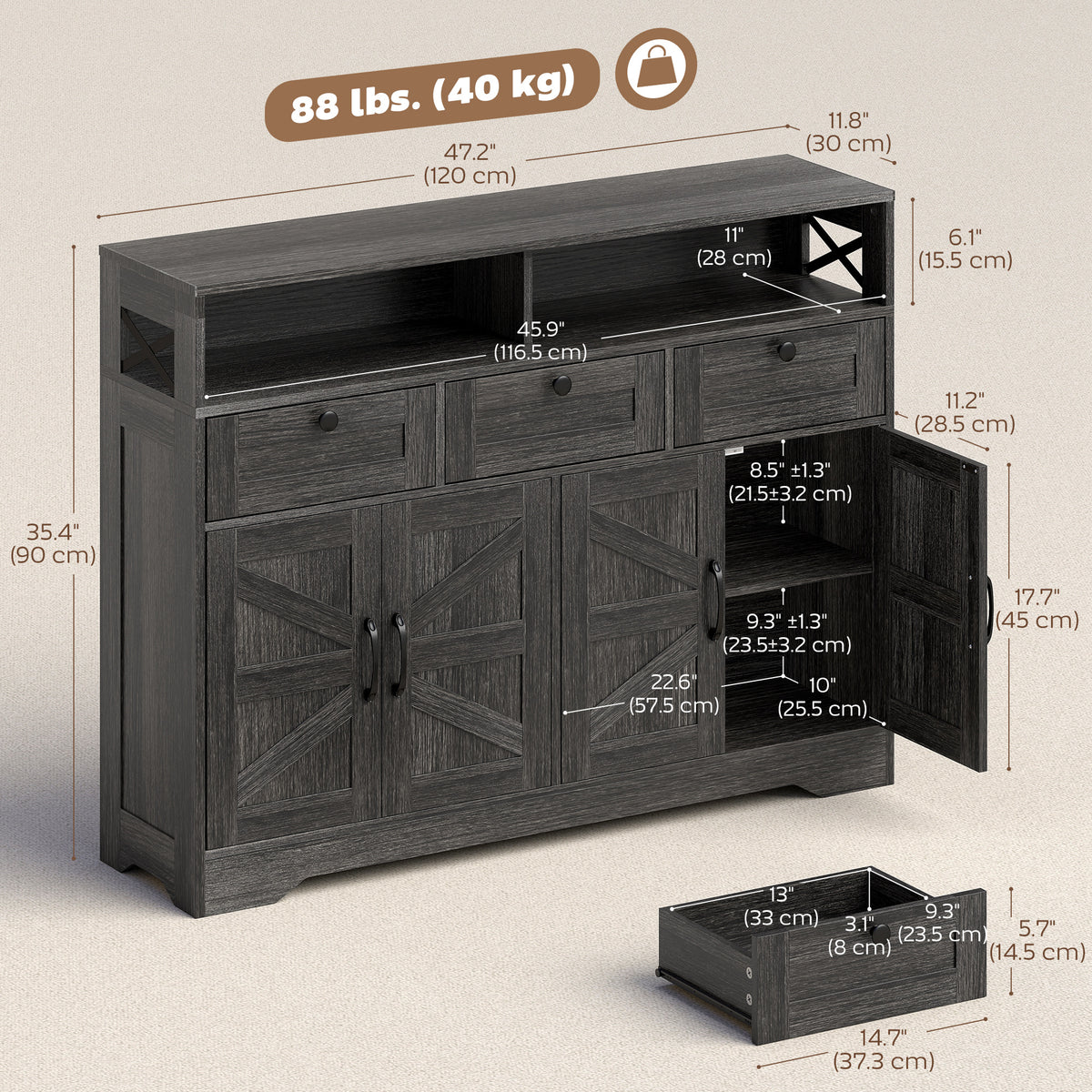 Sideboard, Buffet Cabinet with 4 Barn Doors and 3 Drawers, Coffee Bar Cabinet with Adjustable Shelves, Black – view 9