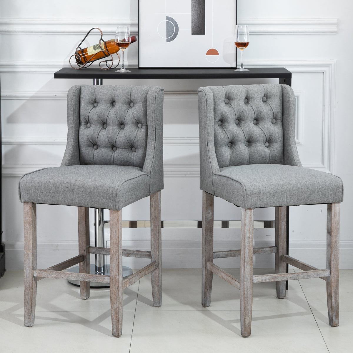 Set of 2 40Inch Button Tufted Bar stools High Counter Dining Height Chairs Grey