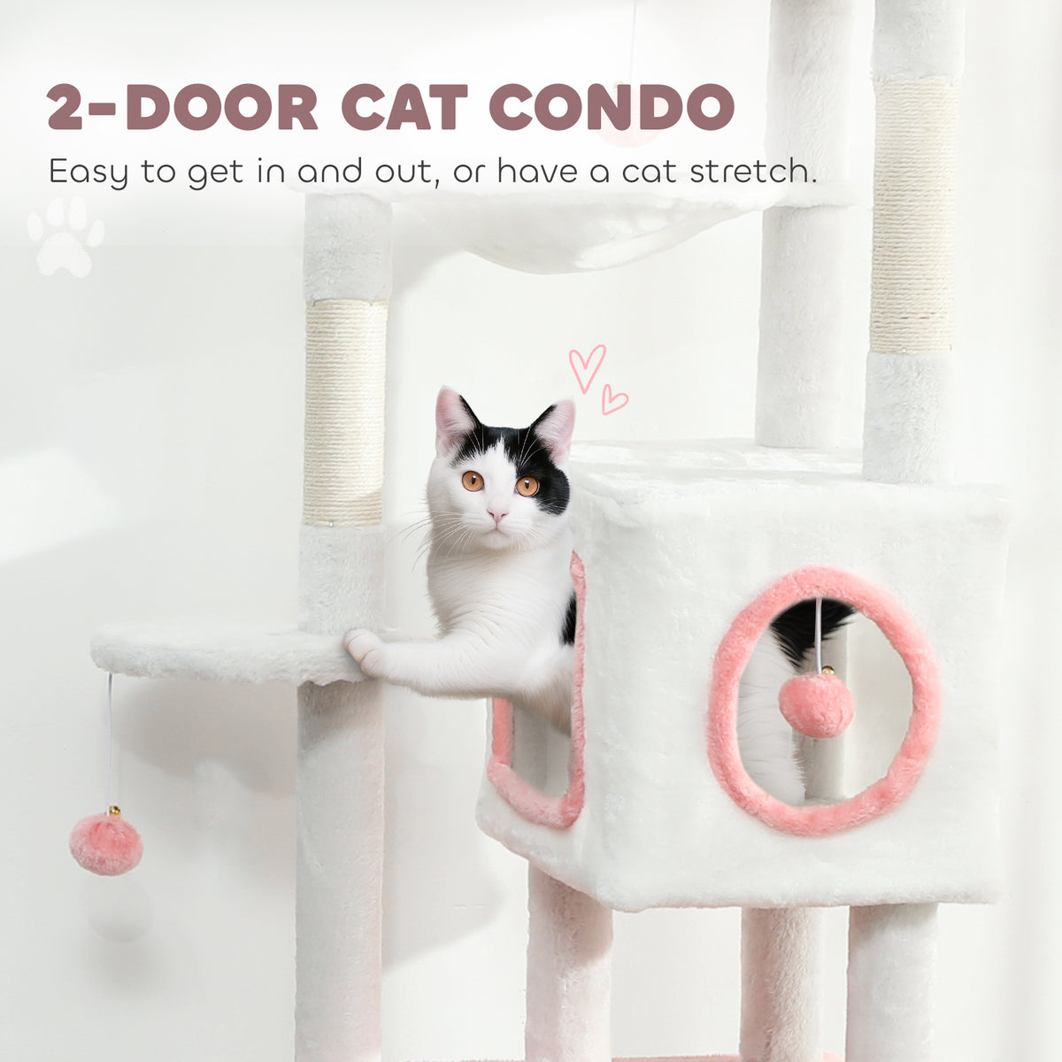 65 Inch Cat Tree with 2 Doors Condos, Plush Top Perch, Hammock, Sisal Scratching Posts, 4 Pompoms, Ramp – view 11