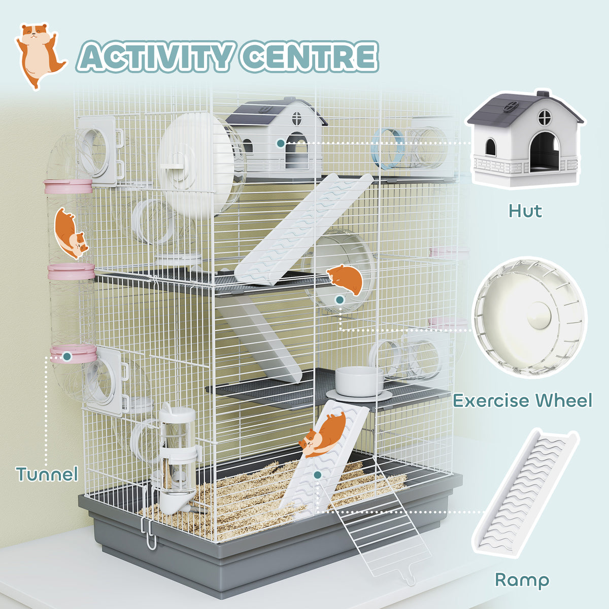 4-Level Large Hamster Cage with DIY Tubes, Water Bottle, Food Dish, Hut, Exercise Wheels, Grey