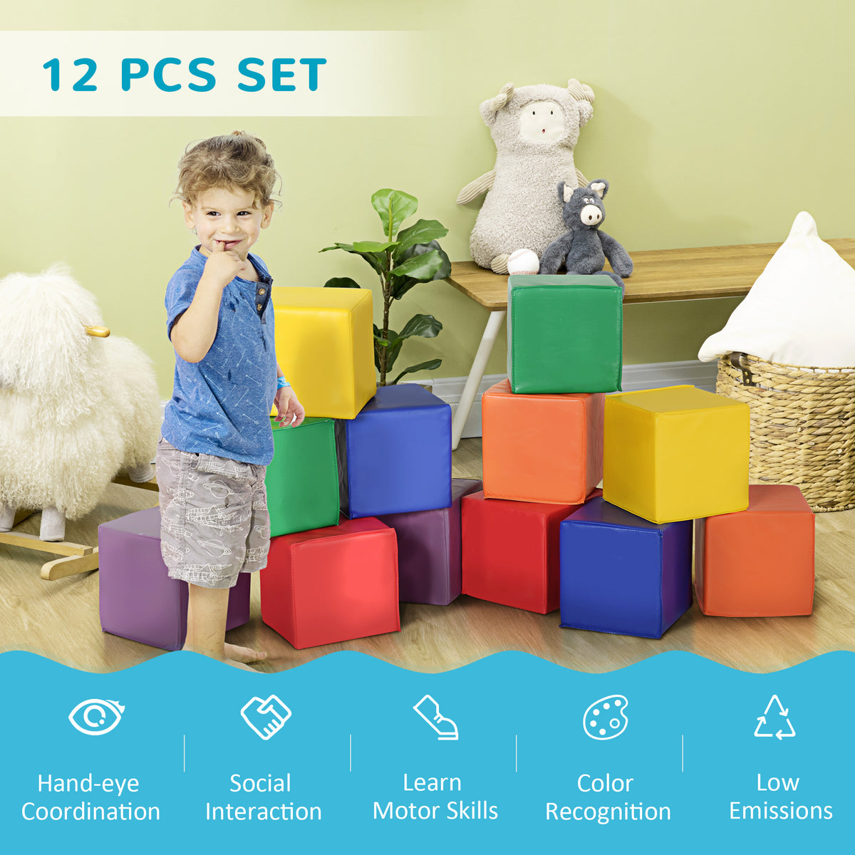 Soozier 12 Piece Soft Play Blocks Soft Foam Toy Building And Stacking Blocks - Multicolours