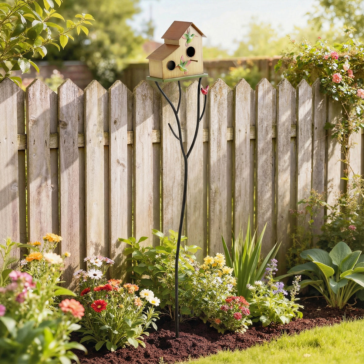 57" Outdoor Bird House with Pole, Metal Bird Houses for Outside, Double-Hole Birdhouse Outdoor Decoration, Yellow