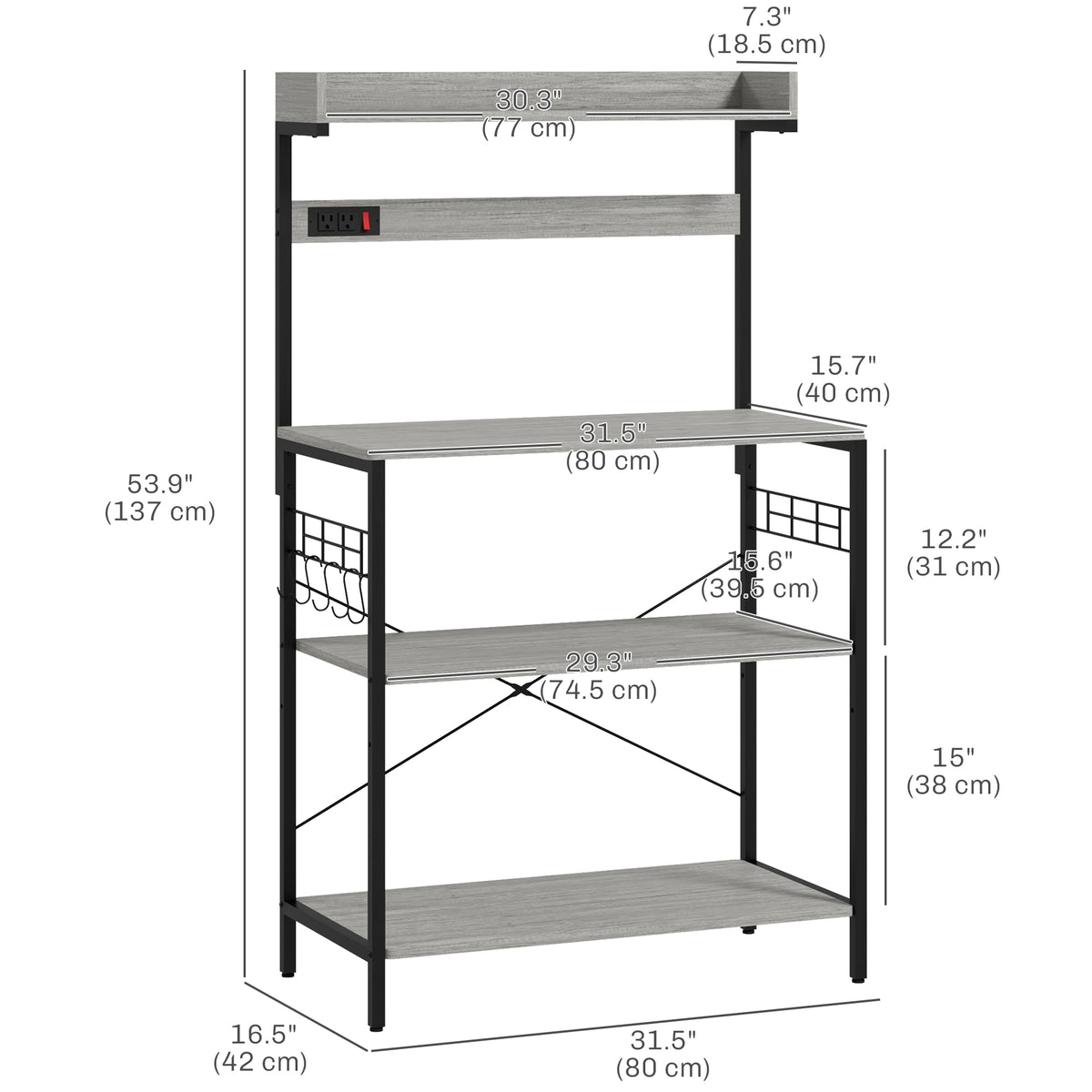 Kitchen Baker's Rack with Power Outlet, Coffee Bar Station with Adjustable Shelves and Hooks – view 16