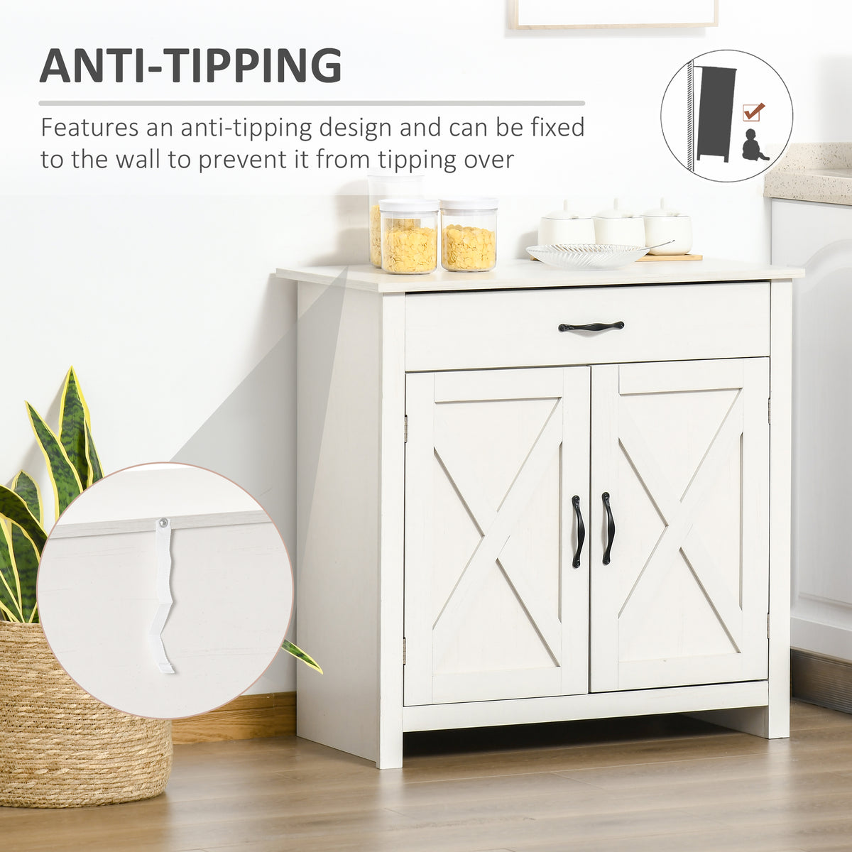 Farmhouse Sideboard Buffet Cabinet, Storage Cabinet with Barn Doors, Distressed White