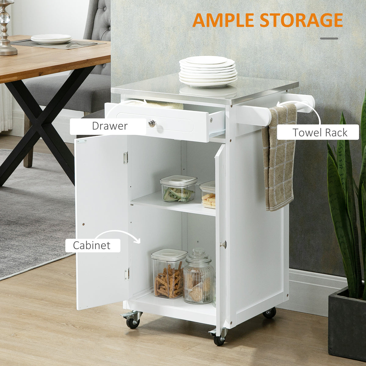 Kitchen Cart, Small Kitchen Island, Stainless Steel Top Utility Trolley on Wheels with Storage Drawer for Dining Room, Kitchen (White)