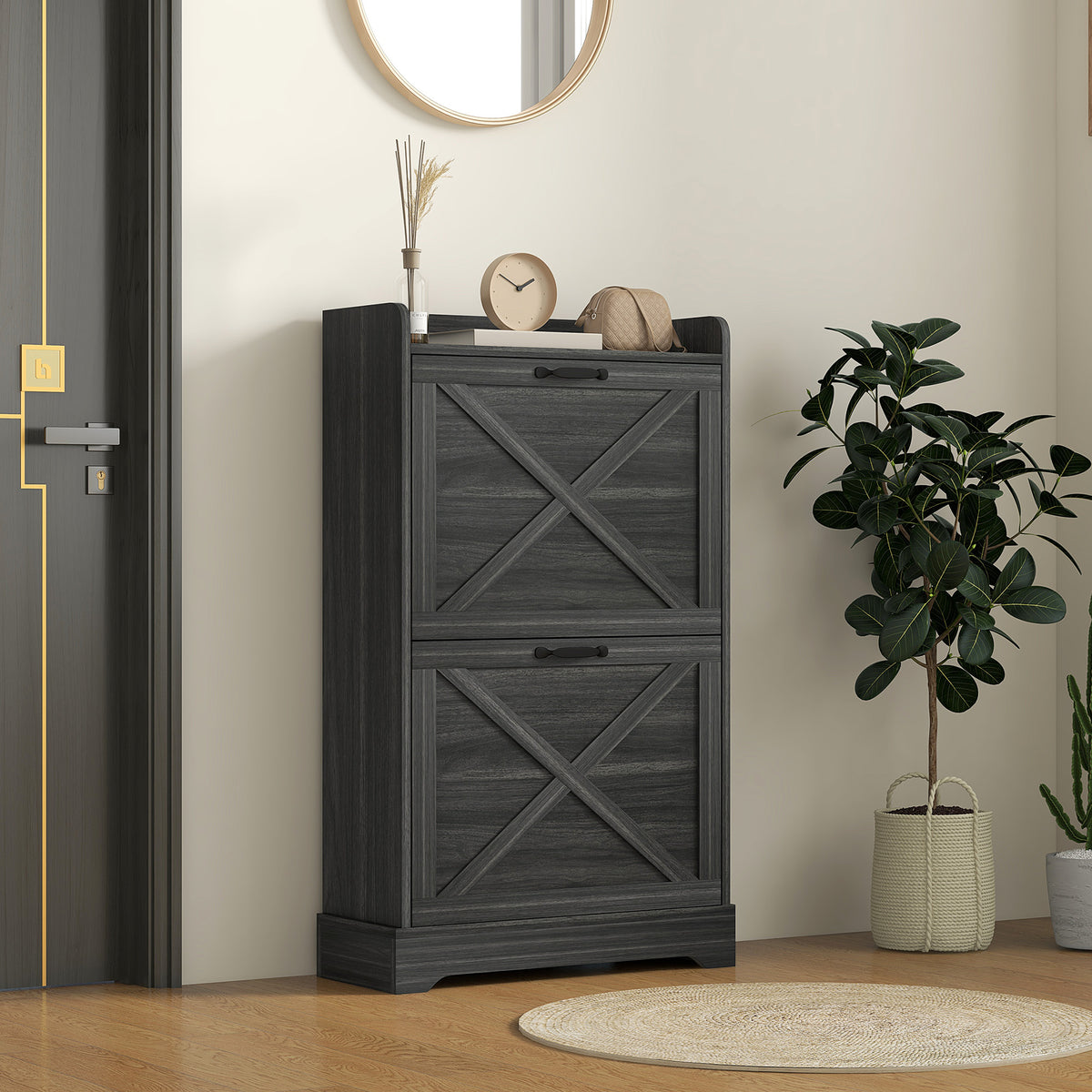 Slim Shoe Storage Cabinet, Farmhouse Shoe Cabinet with 2 Flip Drawers, Adjustable Shelves for 8 Pairs, Distressed Grey